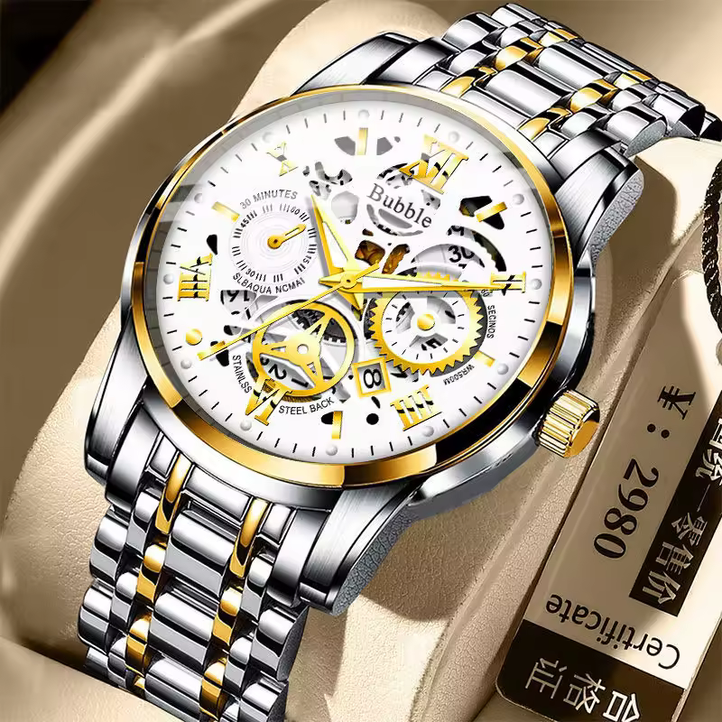 Relógio Bubble Skeleton Ouro Champagne · Mostrador Branco