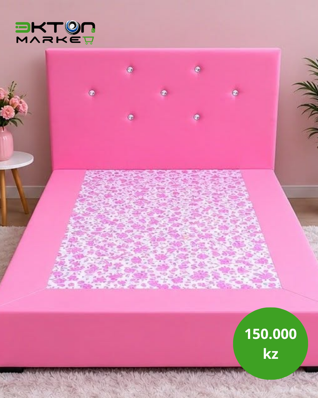 Cama de Casal Estofada Rosa com Cabeceira em Cristais