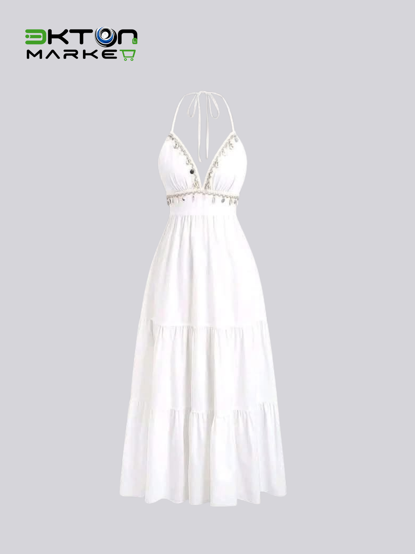 Vestido Longo Branco Boho com Conchas e Decote Halter