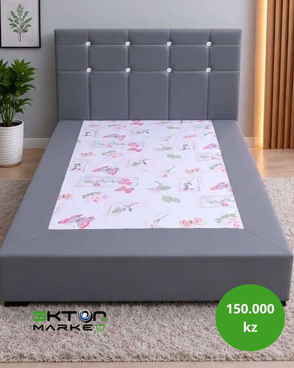 Cama de Casal Estofada Cinzenta com Cabeceira Capitoné