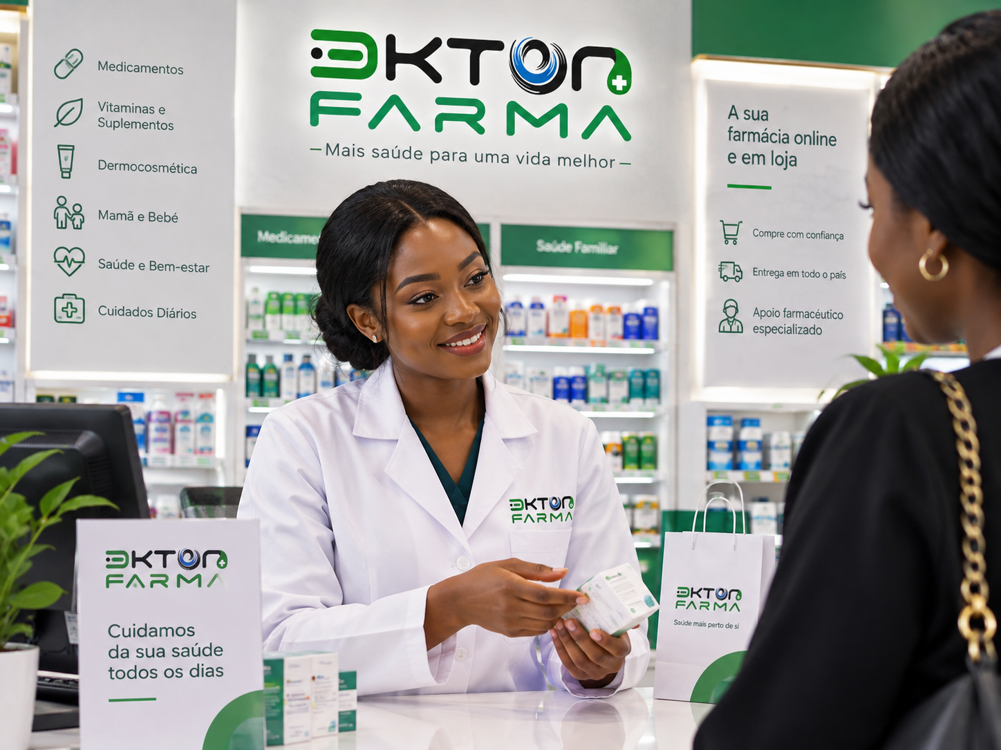 Farmacêutica a atender uma cliente ao balcão de uma farmácia moderna