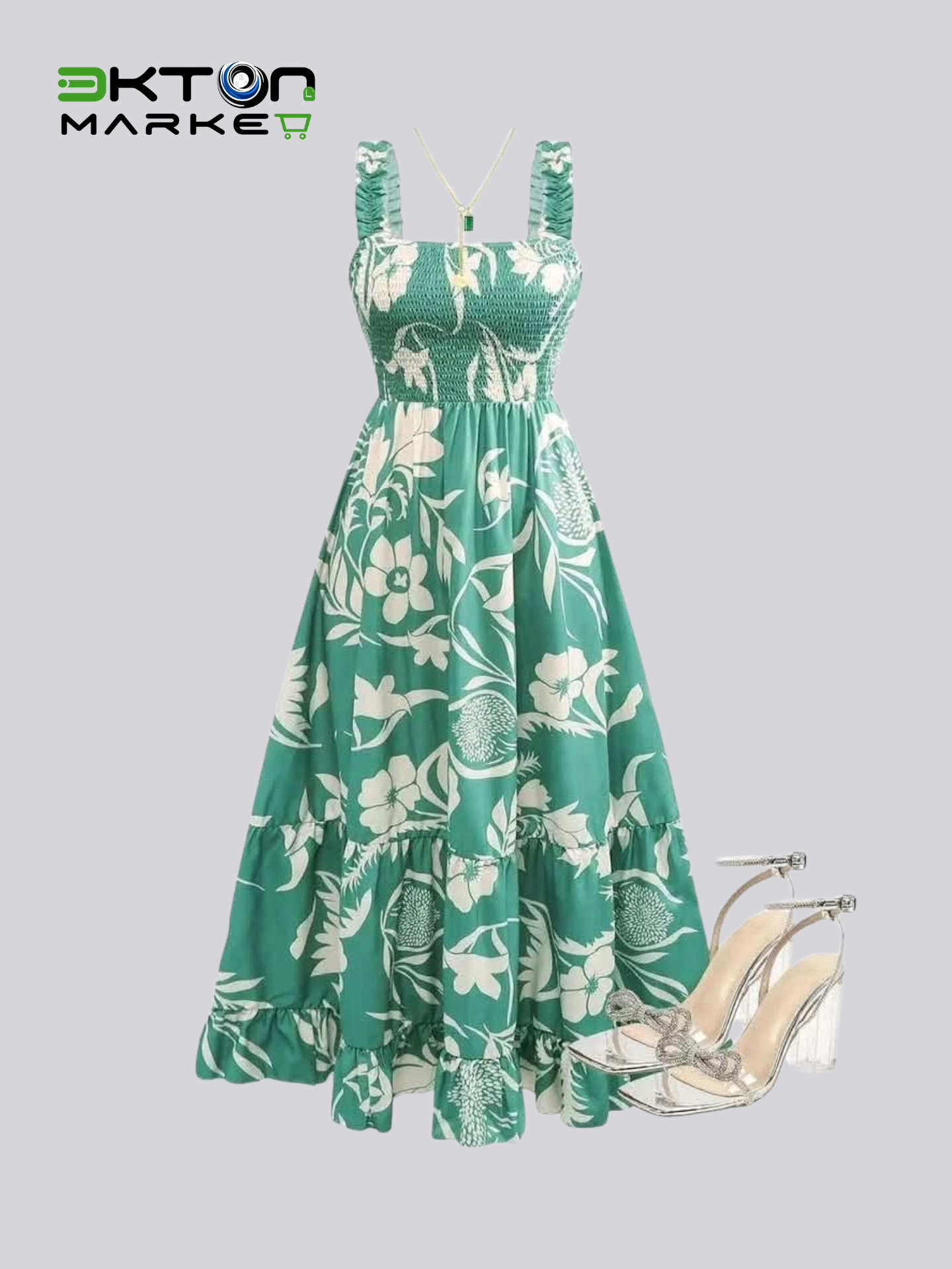 Vestido Midi Floral Verde com Corpete Franzido