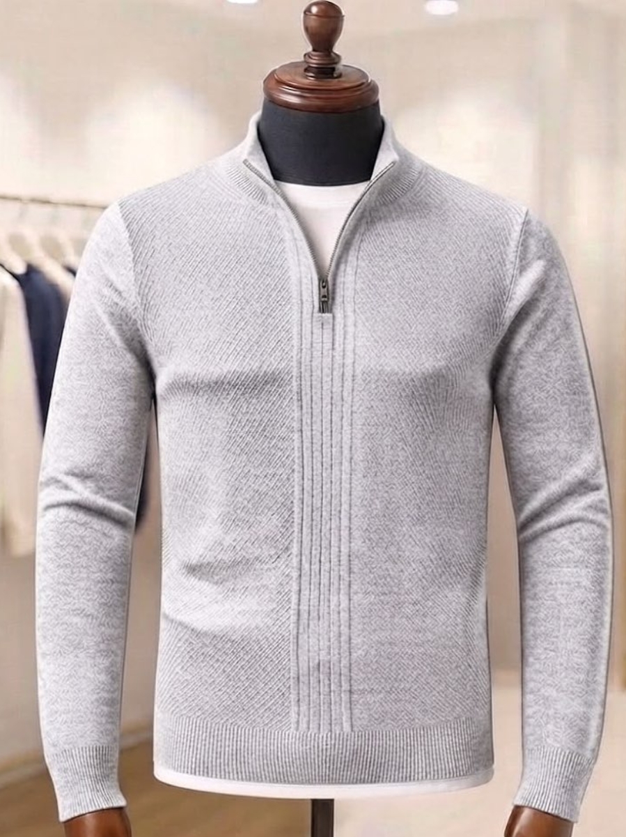 Camisola de Tricô com Fecho Cinza-Claro