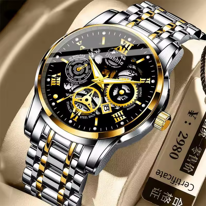 Relógio Bubble Skeleton Bicolor Luxo · Detalhes Dourados