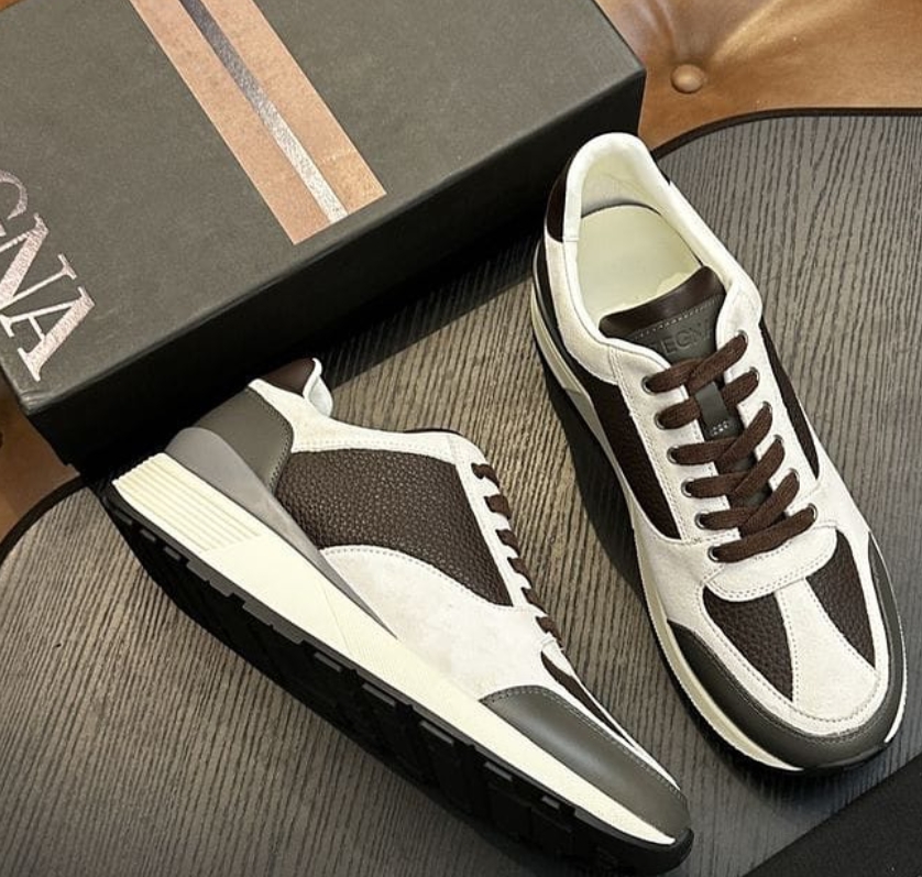 Ténis Zegna Branco com Camurça e Pele Castanha