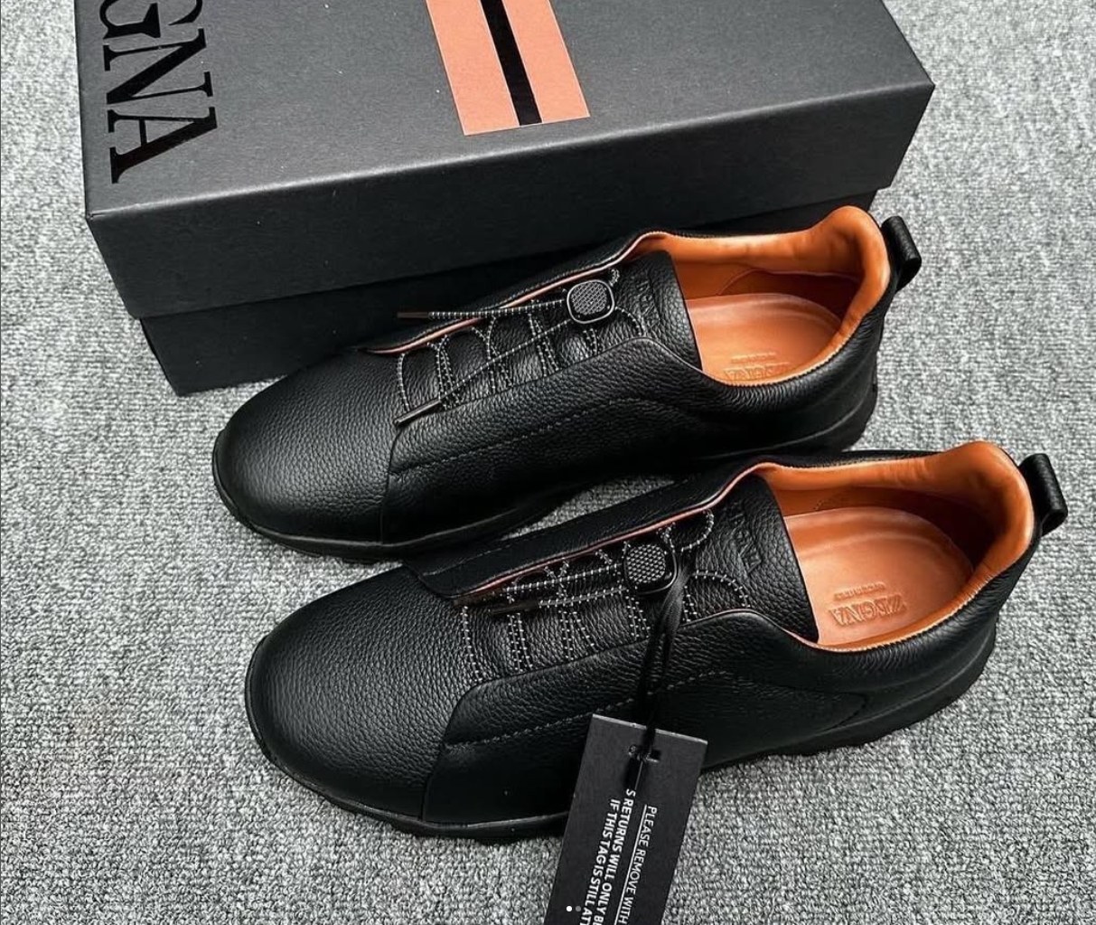 Ténis Zegna em Couro Preto com Interior Camel
