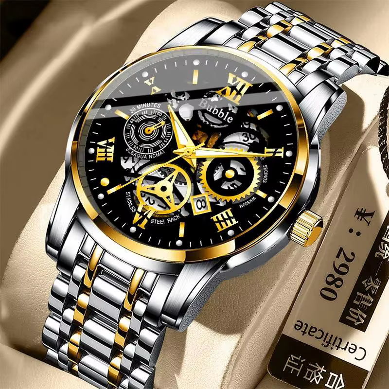 Relógio Bubble Skeleton Bicolor Ouro & Prata · Mostrador Preto