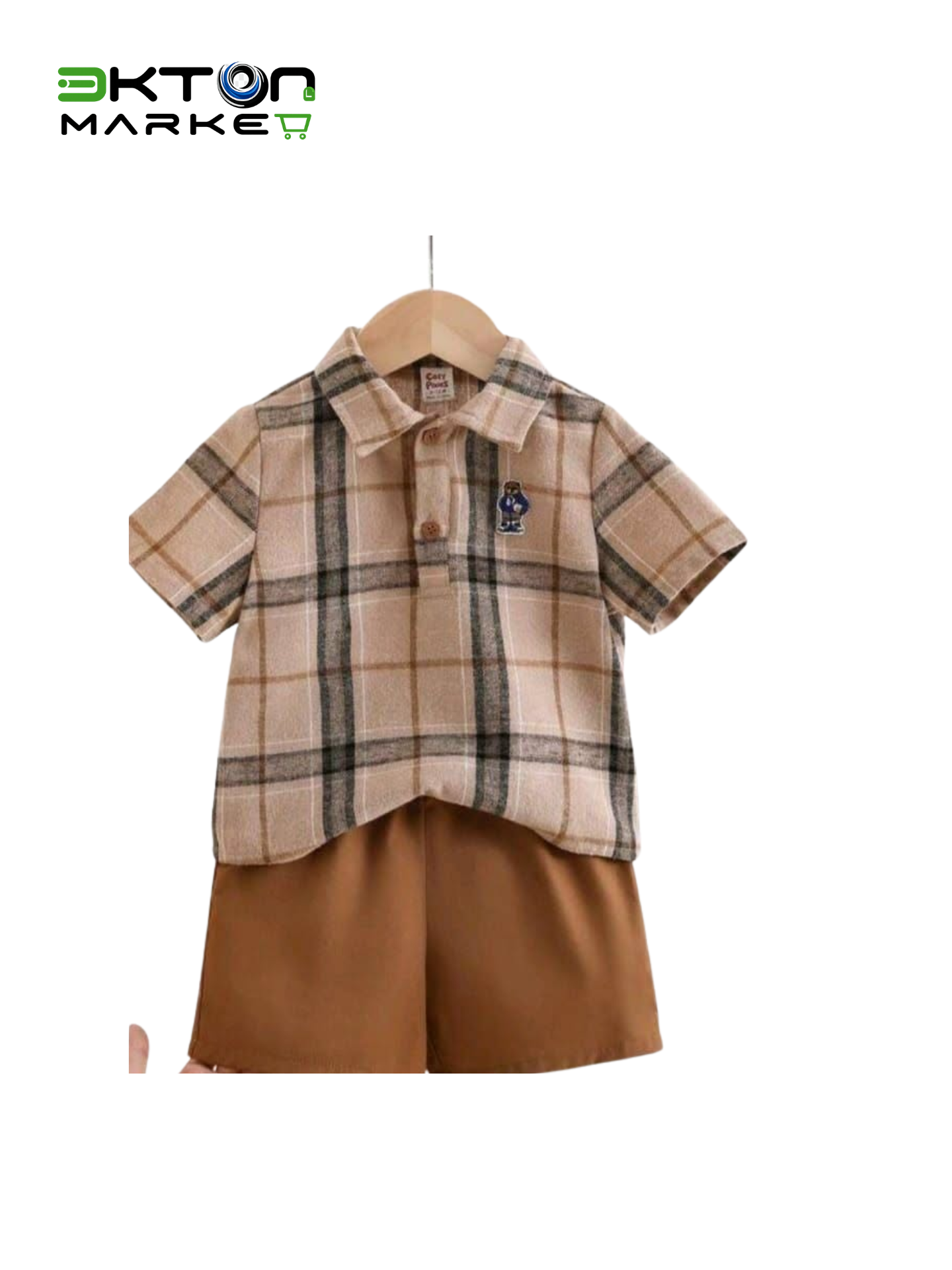 Conjunto Menino Camisa Xadrez + Calções · Bege e Caramelo