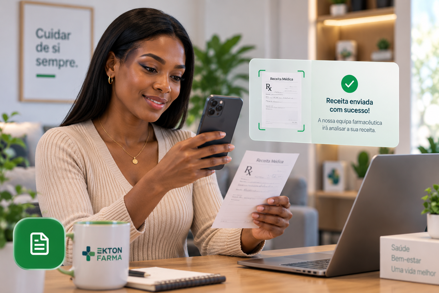 Cliente da Ekton Farma a enviar uma receita médica pelo smartphone e a receber confirmação digital