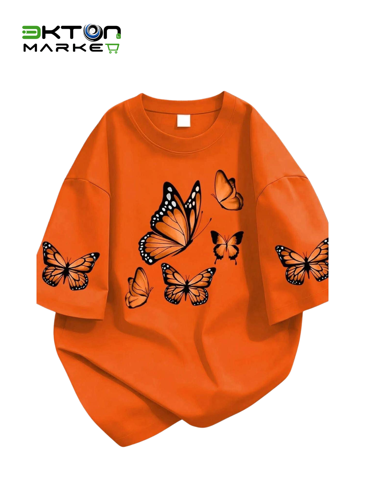 T-shirt Oversized Laranja com Borboletas Monarca