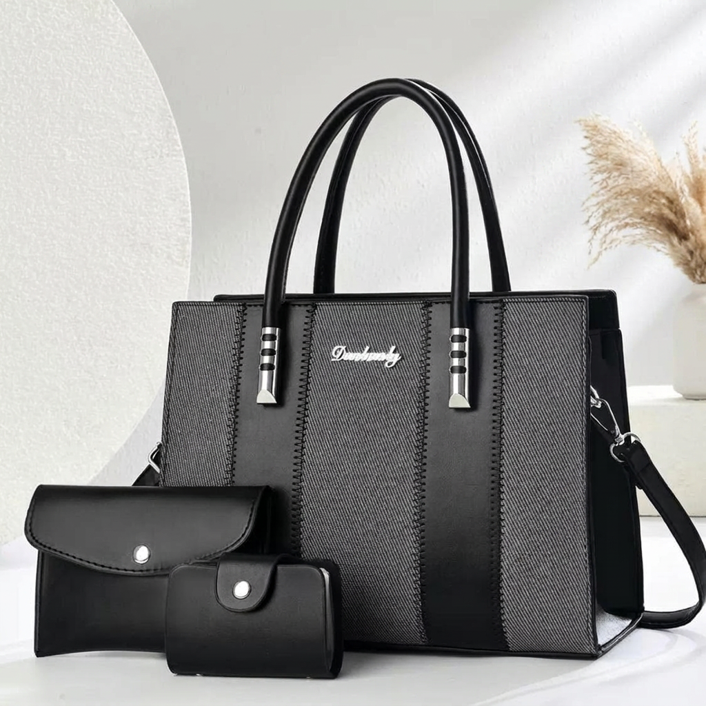 Conjunto 3 Peças Bolsa Preta + Carteira + Porta-Moedas