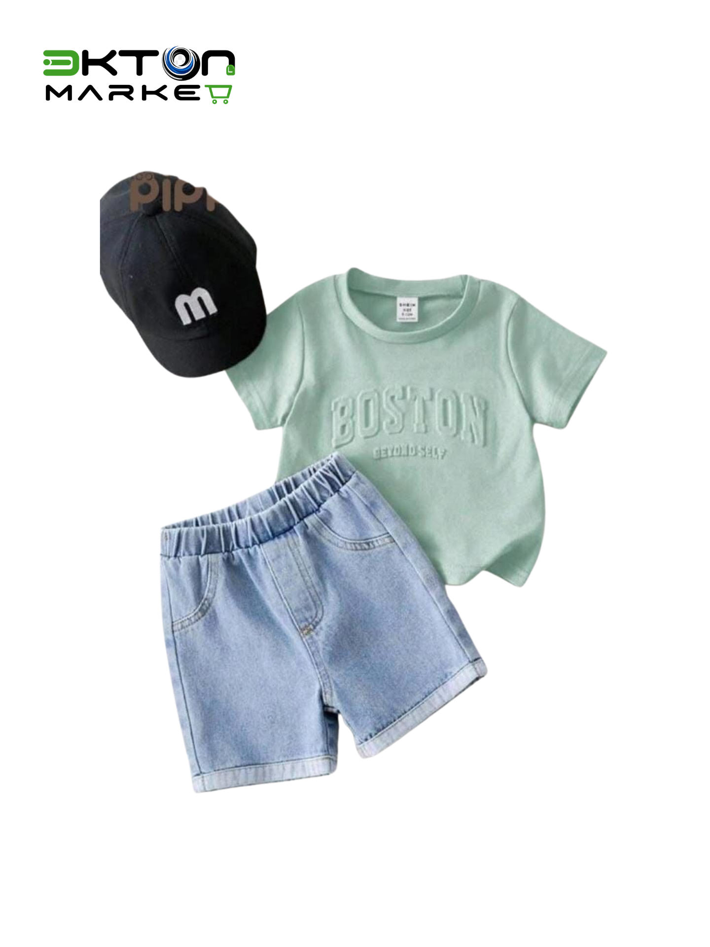 Conjunto Menino T-Shirt Boston + Calções de Ganga · Verde Menta