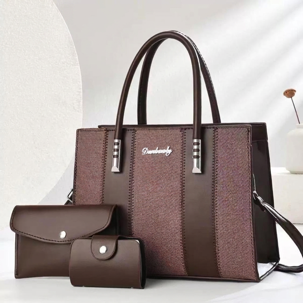 Conjunto 3 Peças Bolsa Castanha + Carteira + Porta-Moedas