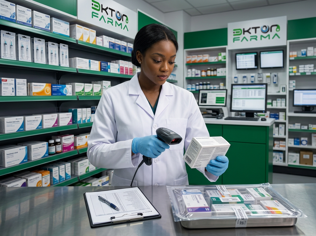 Especialista da Ekton Farma a verificar um medicamento com leitor de código no controlo de qualidade