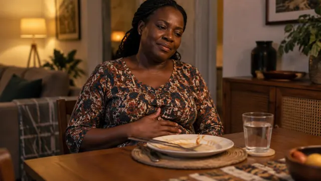 Mulher sentada à mesa de jantar depois da refeição, com a mão sobre o estômago e um copo de água