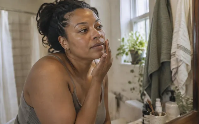 Mulher adulta observa a pele do rosto ao espelho, numa casa de banho com luz natural