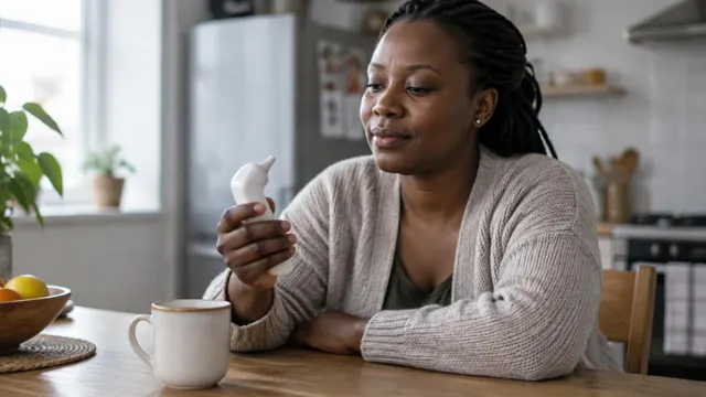 Mulher sentada à mesa da cozinha segura um termómetro de ouvido, com uma caneca ao lado