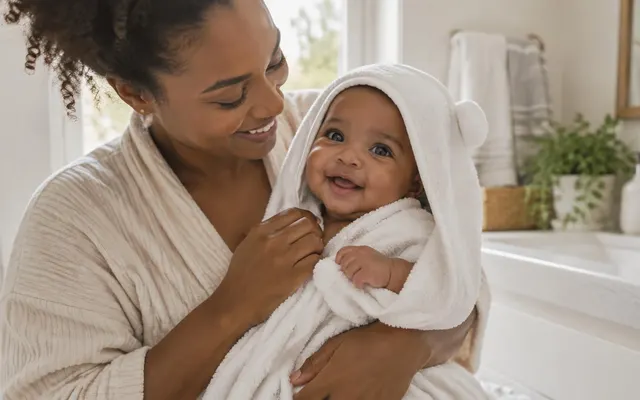 Mãe seca o bebé sorridente com uma toalha com capuz depois do banho