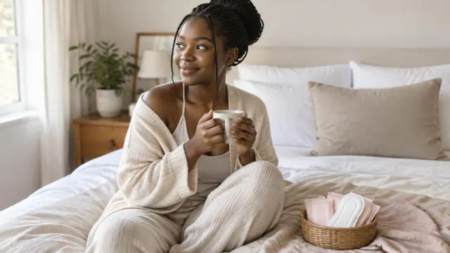Mulher sentada na cama com uma caneca, ao lado de um cesto com pensos higiénicos sem marca