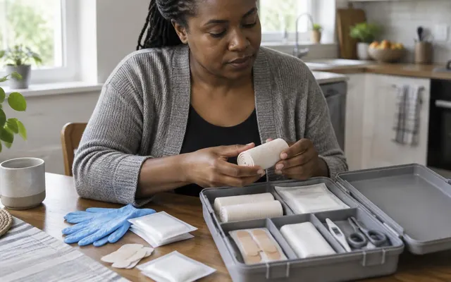Mulher organiza uma caixa de primeiros socorros na mesa da cozinha, com ligaduras, compressas, pensos e luvas