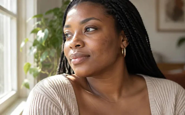 Retrato natural de mulher junto a uma janela, com pequenas diferenças de pigmentação na pele