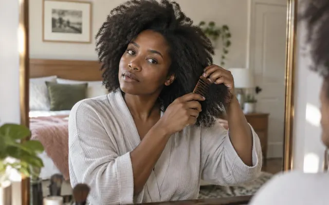Mulher com cabelo natural crespo desembaraça o cabelo com um pente de dentes largos, diante do espelho