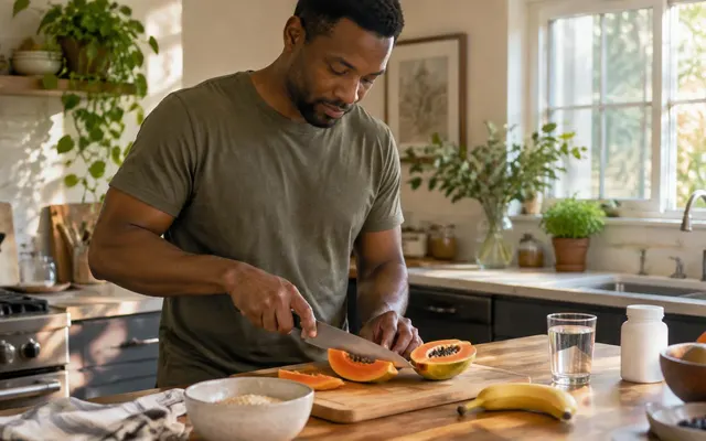 Homem prepara um pequeno-almoço com papaia, banana e aveia numa cozinha com luz natural